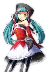 Rule 34 | 1girl, absurdres, aqua hair, arms behind back, bare shoulders, choker, cowboy shot, detached sleeves, facial mark, hatsune miku, highres, looking at viewer, pantyhose, project diva (series), smile, solo, striped, tsukishiro saika, twintails, vertical stripes, vocaloid, white background, yellow eyes