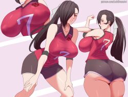 Rule 34 | 1girl, absurdres, alternate costume, ass, bare shoulders, breasts, brown eyes, brown hair, commission, fire emblem, fire emblem fates, hair over one eye, hands on own knees, highres, huge breasts, kagero (fire emblem), leaning forward, long hair, looking at viewer, multiple views, musaed art, nintendo, ponytail, sportswear