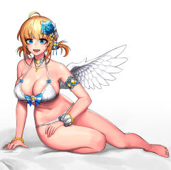 Rule 34 | 1girl, :d, angel, angel wings, arm at side, arm support, armlet, bare arms, bare legs, bare shoulders, barefoot, bead bracelet, beads, bed sheet, bikini, blonde hair, blue bow, blue bowtie, blue eyes, blue flower, bow, bow bikini, bowtie, bracelet, breasts, cain (grt1125), choker, cleavage, collarbone, eyelashes, fang, feathered wings, feet, flower, front-tie bikini top, front-tie top, gem, hair between eyes, hair flower, hair ornament, highres, jewelry, large breasts, looking at viewer, makeup, mascara, navel, necklace, on bed, open mouth, original, scrunchie, short hair, sidelocks, simple background, sitting, smile, solo, spread fingers, stomach, swimsuit, toes, two side up, white background, white bikini, white wings, wings, wrist scrunchie, yokozuwari