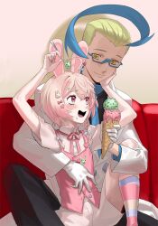 Rule 34 | 2boys, absurdres, agemmata, ahoge, animal ears, asymmetrical hair, black pants, black shirt, blonde hair, blue bow, boku no pico, bow, braid, colress (pokemon), couch, creatures (company), double-parted bangs, game freak, glasses, gloves, hair ornament, highres, holding, holding ice cream cone, huge ahoge, ice cream cone, lab coat, looking at another, multiple boys, nintendo, open mouth, pants, parody, phase connect, pink bow, pink eyes, pink ribbon, pink shirt, pink shorts, pink vest, pipkin peter, pipkin pippa, pokemon, pokemon bw2, rabbit boy, rabbit ears, rabbit hair ornament, ribbon, self-upload, shirt, short hair, shorts, side braid, sidelocks, socks, spill, spoon, striped clothes, striped socks, vest, virtual youtuber, white gloves, yaoi, yellow eyes