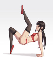 Rule 34 | 1girl, arm support, ass, bad id, bad pixiv id, bare arms, bare shoulders, black thighhighs, blunt bangs, blush, breasts, brown eyes, chinese commentary, closed mouth, commentary, exercising, full body, gradient background, grey background, leg up, long hair, low twintails, mool yueguang, original, red footwear, sidelocks, small breasts, smile, solo, sports bra, thighhighs, twintails