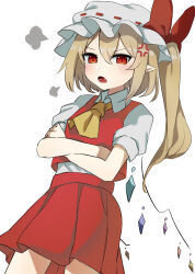 Rule 34 | 1girl, anger vein, angry, blonde hair, blush, bow, commentary request, cowboy shot, crossed arms, crystal, double-parted bangs, fang, flandre scarlet, frown, hair between eyes, hat, hat bow, highres, koroyarou, long hair, mob cap, open mouth, pleated skirt, puff of air, puffy short sleeves, puffy sleeves, red bow, red eyes, red skirt, red vest, shirt, short sleeves, side ponytail, simple background, skirt, slit pupils, solo, standing, touhou, v-shaped eyebrows, vest, white background, white hat, white shirt, wings