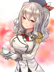 Rule 34 | 10s, 1girl, baffu, beret, blue eyes, blush, breasts, buttons, cup, double-breasted, epaulettes, female focus, gloves, hat, highres, jacket, kantai collection, kashima (kancolle), kerchief, large breasts, long hair, looking at viewer, military, military uniform, pink eyes, purple eyes, sidelocks, silver hair, skirt, smile, solo, teacup, tsurime, twintails, uniform, wavy hair, white gloves