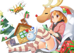 Rule 34 | 1girl, blush, brown eyes, brown hair, christmas, christmas tree, drone, gift, hat, house, open mouth, original, panties, pantyshot, reindeer, santa costume, santa hat, short hair, simple background, sitting, smile, solo, striped clothes, striped thighhighs, thighhighs, underwear, wapokichi, white panties
