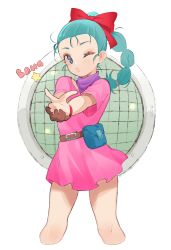 Rule 34 | 1girl, absurdres, aqua hair, ascot, belt, blue eyes, braid, braided ponytail, brown gloves, bulma, commentary request, dragon ball, dragon radar, eyelashes, finger gun, forehead, gloves, highres, legs apart, long hair, one eye closed, outstretched arms, pac-man eyes, parted lips, pencilanon, pink skirt, pink sleeves, ponytail, pouch, purple ascot, short sleeves, simple background, single glove, skirt, solo, star (symbol), white background