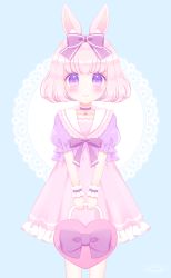 Rule 34 | animal ears, bag, blue background, blush, bow, brown bow, rabbit ears, choker, closed mouth, collarbone, commentary request, doily, dress, frilled dress, frills, hair bow, heart, highres, himetsuki luna, holding, holding bag, original, pink dress, pink hair, puffy short sleeves, puffy sleeves, purple bow, purple choker, purple eyes, purple skirt, sailor collar, short hair, short sleeves, skirt, smile, solo, symbol-shaped pupils, v arms, white sailor collar, wrist cuffs