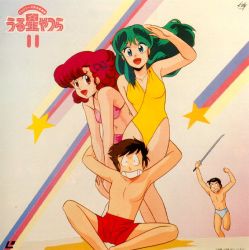 Rule 34 | 2girls, green hair, horns, long hair, lum, mendou shuutarou, moroboshi ataru, multiple girls, oni, ran (urusei yatsura), red hair, smile, swimsuit, urusei yatsura