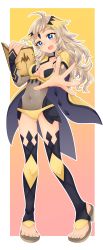 Rule 34 | 1girl, absurdres, ahoge, blonde hair, blue eyes, bodystocking, breasts, bridal gauntlets, cape, circlet, commission, covered navel, feet, fire emblem, fire emblem fates, full body, high heels, highres, holding, holding weapon, kokonotsu (mozu), long hair, medium breasts, nintendo, open mouth, ophelia (fire emblem), outstretched arm, simple background, skeb commission, stirrup legwear, thighhighs, toeless legwear, turtleneck, weapon