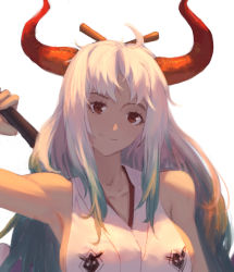 Rule 34 | 1girl, breasts, brown eyes, closed mouth, collarbone, gradient hair, green hair, highres, horns, japanese clothes, kimono, long hair, looking at viewer, medium breasts, multicolored hair, one piece, revil0l, sideboob, sleeveless, sleeveless kimono, smile, solo, upper body, white background, white hair, white kimono, yamato (one piece)