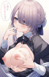 1girl after_paizuri ao_no_neko apron apron_pull blue_eyes blush bow bowtie breasts breasts_out brooch check_translation clothes_pull cum cum_in_mouth cum_on_fingers cum_string gem grabbing_own_breast gradient_background grey_hair hair_over_one_eye highres jewelry large_breasts licking licking_cum maid maid_apron nipples open_clothes open_mouth open_shirt original purple_hair sidelocks solo tongue tongue_out translation_request upper_body