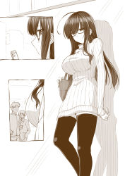 Rule 34 | 1girl, 2boys, ahoge, bag, black thighhighs, blazer, breasts, cellphone, dress, glasses, hand in pocket, handbag, impossible clothes, impossible sweater, jacket, large breasts, legs, long hair, mikage takashi, monochrome, multiple boys, original, phone, ribbed sweater, smartphone, sweater, sweater dress, thighhighs, thighs, zettai ryouiki