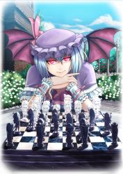Rule 34 | 1girl, ascot, bat wings, board game, bow, brick wall, bush, chess, chess piece, chessboard, cloud, day, embodiment of scarlet devil, female focus, flandre scarlet, flower, garden, glowing, glowing eyes, hat, hat bow, head rest, head tilt, head wings, hong meiling, izayoi sakuya, koakuma, long hair, looking at viewer, outdoors, patchouli knowledge, playing games, pov, pov across table, raybar, red eyes, remilia scarlet, ribbon, scarlet devil mansion, short hair, sky, solo, straight hair, touhou, very long hair, wings, wrist cuffs