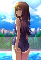 Rule 34 | 1girl, adjusting clothes, adjusting swimsuit, ass, blue one-piece swimsuit, blush, breasts, brown hair, cloud, day, green eyes, hair between eyes, idolmaster, idolmaster cinderella girls, long hair, looking back, one-piece swimsuit, outdoors, pool, school swimsuit, shibuya rin, small breasts, solo, sparkle, straight hair, swimsuit, thigh gap, very long hair, z.nov