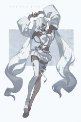 Rule 34 | 1girl, absurdres, alternate costume, armpits, arms up, balance (superdust), bandages, breasts, chain, dark-skinned female, dark skin, detached sleeves, english text, eyepatch, feet, full body, grey background, hatsune miku, highres, long hair, necktie, serious, single thighhigh, skirt, small breasts, thighhighs, twintails, vocaloid, white eyes, white hair
