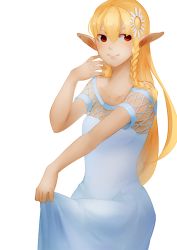 Rule 34 | 1girl, 3four, bare shoulders, blonde hair, braid, breasts, clothes lift, collarbone, dress, dress lift, elf, flower, hair flower, hair ornament, lifted by self, lips, long hair, off-shoulder dress, off shoulder, pointy ears, red eyes, sako rk 95 (upotte!!), side braid, single braid, small breasts, smile, solo, sundress, upotte!!