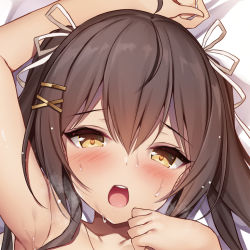 Rule 34 | 1girl, bed sheet, blush, brown eyes, brown hair, hair ribbon, hand up, heart, heart-shaped pupils, looking at viewer, nude, open mouth, original, portrait, ribbon, round teeth, solo, sweat, symbol-shaped pupils, teeth, twintails, upper teeth only, white ribbon, xe (execut3r)