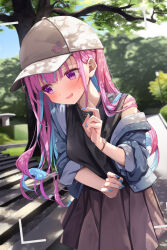 Rule 34 | 1girl, alternate costume, averting eyes, baseball cap, black shirt, blue hair, blue jacket, blue nails, blurry, blurry background, blush, colored inner hair, commentary request, day, hand up, hat, highres, hololive, jacket, long hair, minato aqua, multicolored hair, off shoulder, open mouth, outdoors, pink hair, pleated skirt, purple eyes, shirt, skirt, solo, streaked hair, summer tail720, sweatdrop, two-tone hair, viewfinder, virtual youtuber, watch, white hat, wristwatch
