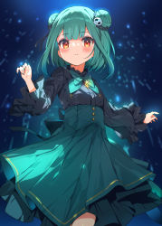 Rule 34 | 1girl, alternate costume, aqua nails, black shirt, blue hair, blurry, blurry background, blush, bow, bowtie, breasts, closed mouth, commentary request, cowboy shot, double bun, frilled sleeves, frills, gradient hair, green bow, green bowtie, green hair, green skirt, hair bun, hair ornament, hana mori, high-waist skirt, highres, hololive, long sleeves, looking at viewer, multicolored hair, nail polish, red eyes, shirt, short hair, skirt, skull hair ornament, small breasts, smile, solo, two-tone hair, uruha rushia, virtual youtuber