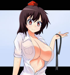 Rule 34 | 1girl, artist request, blush, breasts, brown hair, cleavage, collarbone, dress shirt, female focus, grin, hat, heka=ton, huge breasts, looking at viewer, open clothes, open shirt, red eyes, shameimaru aya, shirt, short hair, smile, solo, sweat, tokin hat, touhou, unbuttoned