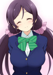 Rule 34 | 1girl, ^ ^, arms behind back, blazer, blue jacket, blush, bow, bowtie, buttons, closed eyes, closed mouth, collared shirt, commentary request, facing viewer, green bow, green bowtie, hair ornament, hair scrunchie, head tilt, jacket, jampen, long hair, long sleeves, love live!, love live! school idol project, low twintails, otonokizaka school uniform, parted bangs, pink scrunchie, purple hair, school uniform, scrunchie, shirt, smile, solo, striped bow, striped bowtie, striped clothes, striped neckwear, tojo nozomi, twintails, upper body, white background, white shirt