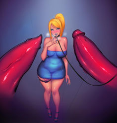 Rule 34 | 1girl, animal penis, bare arms, bare shoulders, blonde hair, blue eyes, blue lips, blush, breasts, collar, covered navel, curvy, discreet vibrator, disembodied penis, dog penis, fingernails, gradient background, green eyes, hand on own chest, heavy breathing, high heels, highres, huge penis, jpeg artifacts, large breasts, large penis, leash, lipstick, lm (legoman), long fingernails, looking at viewer, makeup, metroid, nail polish, naughty face, nintendo, no bra, no panties, parted lips, penis, ponytail, pussy juice, pussy juice trail, samus aran, see-through, sex toy, shoes, standing, sweat, thick thighs, thigh strap, thighs, tight clothes, uncensored, vibrator, vibrator under clothes, wide hips
