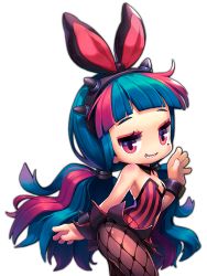 Rule 34 | 1girl, animal ears, blue hair, character request, chibi, detached collar, fake animal ears, fishnet pantyhose, fishnets, grin, happening18, leotard, looking at viewer, maplestory, mole, mole under eye, multicolored hair, pantyhose, playboy bunny, ponytail, rabbit ears, red eyes, red hair, smile, windy4th