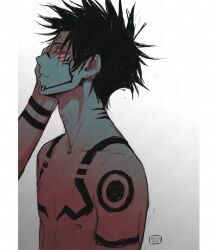 Rule 34 | 2boys, arm tattoo, artist name, black hair, chest tattoo, collarbone, commentary, english commentary, extra eyes, facial tattoo, fushiguro megumi, hand on another&#039;s face, highres, jujutsu kaisen, looking at another, male focus, multiple boys, neck tattoo, nipples, nude, red eyes, ryoumen sukuna (jujutsu kaisen), saucybrtt, short hair, shoulder tattoo, smirk, spiked hair, tattoo, toned, yaoi