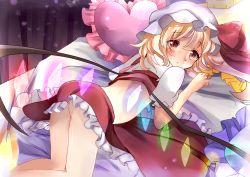Rule 34 | 1girl, aliprojectlove, ass, bad id, bad pixiv id, bed, blonde hair, blush, crystal, female focus, flandre scarlet, frilled pillow, frilled skirt, frills, hat, hat ribbon, heart, highres, lying, pillow, puffy short sleeves, puffy sleeves, red eyes, ribbon, short hair, short sleeves, skirt, solo, touhou, ukita uuko, wings