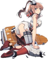 Rule 34 | 10s, 1girl, ass, blue eyes, breast pocket, breasts, closed mouth, full body, hair between eyes, kantai collection, kneeling, large breasts, long hair, looking at viewer, looking back, lowres, magazine (weapon), neckerchief, official art, pocket, red neckerchief, red thighhighs, saratoga (kancolle), shizuma yoshinori, sleeveless, solo, thighhighs, torn clothes, torn thighhighs, transparent background