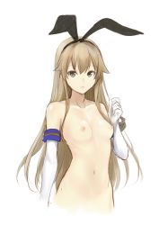 Rule 34 | 10s, 1girl, blonde hair, breasts, collarbone, elbow gloves, gloves, hairband, kantai collection, long hair, looking at viewer, navel, nipples, ribbon, shimakaze (kancolle), shiny skin, small breasts, solo, stomach, topless, yellow eyes, zucchini
