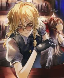 Rule 34 | aihara-rina, bar (place), bare shoulders, bartender, black gloves, black vest, blonde hair, blush, braid, brown eyes, brown hair, chinese commentary, collared shirt, commentary request, cup, detached sleeves, drinking glass, eyelashes, gloves, hakurei reimu, highres, kirisame marisa, lips, looking at viewer, looking back, no headwear, puffy short sleeves, puffy sleeves, shirt, short sleeves, sidelocks, single braid, sitting, smile, sparkle, standing, sunglasses, table, touhou, vest, white shirt, wine glass, wing collar, yellow eyes