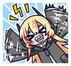 Rule 34 | &gt; &lt;, 1girl, :d, afterimage, black jacket, blonde hair, blue background, chibi, chinese commentary, commentary request, dutch angle, excited, facing viewer, girls&#039; frontline, hair between eyes, headgear, highres, hood, hooded jacket, jacket, lightning bolt symbol, long hair, m4 sopmod ii (girls&#039; frontline), mechanical hands, multicolored hair, official art, open mouth, red eyes, red hair, sharp teeth, simple background, single mechanical hand, sleeves past wrists, smile, solo, streaked hair, su xiao jei, teeth, upper body, waving arms, xd, zipper