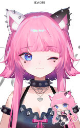 Rule 34 | 1girl, :3, ainy, animal ear fluff, animal ears, armlet, bare shoulders, black shirt, blue eyes, blunt bangs, breasts, cat ears, cat girl, character name, chibi, chibi inset, cleavage, closed mouth, collar, collarbone, facial mark, halter shirt, halterneck, heart, highres, indie virtual youtuber, kaori (vtuber), looking at viewer, medium breasts, official art, one eye closed, pink hair, shirt, simple background, sleeveless, sleeveless shirt, smile, spiked armlet, spiked collar, spiked ear piercing, spikes, straight-on, upper body, virtual youtuber, white background