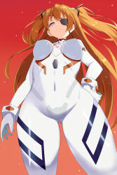 Rule 34 | 1girl, absurdres, blue eyes, bodysuit, breasts, curvy, evangelion: 3.0+1.0 thrice upon a time, eyepatch, hand on own hip, highres, interface headset, long hair, looking at viewer, medium breasts, neon genesis evangelion, orange background, plugsuit, rebuild of evangelion, sirora, solo, souryuu asuka langley, tsundere, twintails, very long hair, white bodysuit, wide hips