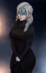 Rule 34 | 1girl, aesdev3, arm wrap, black capelet, black dress, breasts, capelet, covered eyes, cowboy shot, dark souls (series), dark souls iii, dress, eye mask, facing viewer, fire keeper, highres, large breasts, lips, long dress, mask, medium hair, own hands clasped, own hands together, pink lips, silver hair, solo, standing