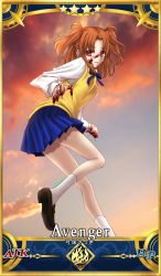 Rule 34 | 1girl, avenger class (fate), blood, blood on face, blood on hands, blue ribbon, blue skirt, brown footwear, brown hair, card (medium), closed mouth, fate (series), floating hair, frown, highres, leg up, loafers, long hair, long sleeves, looking at viewer, miniskirt, neck ribbon, pleated skirt, red eyes, ribbon, school uniform, shinobu1132, shirt, shoes, skirt, solo, standing, standing on one leg, sweater, sweater vest, tsukihime, twintails, two side up, white legwear, white shirt, yellow sweater, yumizuka satsuki