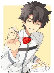Rule 34 | 1boy, :d, belt, black hair, cake, closed eyes, facing viewer, fate/grand order, fate (series), feeding, fingernails, food, fork, fruit, fujimaru ritsuka (male), highres, holding, holding fork, incoming food, jacket, long sleeves, male focus, natsuko (bluecandy), open mouth, plate, pov, simple background, smile, solo, strawberry, strawberry shortcake, upper body, wing collar, yellow background