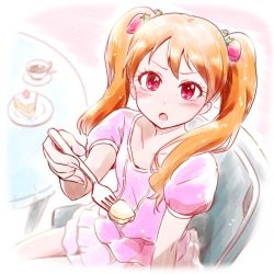 Rule 34 | 1girl, :o, blush, cake, chair, coffee, collarbone, food, food-themed hair ornament, fork, from above, hair ornament, highres, kirakira precure a la mode, looking at viewer, nita (onakatohoppe), open mouth, orange hair, pink skirt, precure, puffy short sleeves, puffy sleeves, red eyes, short hair, short sleeves, sitting, skirt, solo, strawberry hair ornament, twintails, usami ichika