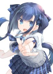 Rule 34 | 16bit sensation, 1girl, :d, \m/, blue eyes, blue hair, blue skirt, bow, bowtie, collar, collared shirt, commentary request, grey vest, hair bow, highres, long hair, looking at viewer, mitsumi misato, official art, open mouth, plaid, plaid bow, plaid bowtie, plaid skirt, shirt, skirt, smile, solo, twintails, vest, white background, white shirt, yamada touya
