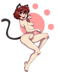 Rule 34 | animal ears, blush, breasts, brown eyes, brown hair, cat ears, cat girl, cat tail, coloured page, dalehan, fangs, nathy, paw print, paw print pattern, perky breasts, short hair, tail, topless