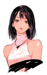 Rule 34 | 1girl, 2017, bare shoulders, black hair, breasts, collarbone, cross, cross necklace, dated, dress, jewelry, medium hair, necklace, nose, original, parted lips, pink lips, ribbed dress, shirt, short hair, simple background, sleeveless, sleeveless dress, sleeveless shirt, small breasts, solo, takssmask, teeth, upper body, white background, white dress, white shirt