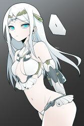 Rule 34 | 1girl, absurdres, arms behind back, blue eyes, breasts, circlet, elbow gloves, fate/grand order, fate (series), galatea (fate), gloves, gradient background, highres, long hair, navel, signature, small breasts, wagu neru, white hair