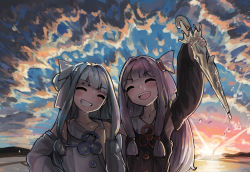 Rule 34 | 2girls, ^ ^, arm up, black sleeves, blue hair, blue sky, closed eyes, closed umbrella, cloud, cloudy sky, collarbone, detached sleeves, grin, hair intakes, hair ornament, hand up, highres, holding, holding umbrella, kotonoha akane, kotonoha aoi, light blue hair, long hair, long sleeves, microa, multicolored sky, multiple girls, open mouth, pink hair, pink sky, siblings, sisters, sky, smile, sun, sunset, teeth, twilight, umbrella, upper teeth only, voiceroid, water, wet, white sleeves, white umbrella