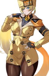 Rule 34 | ashiomi masato, blonde hair, blue eyes, blush, breasts, collared shirt, fingerless gloves, fur hat, gloves, guilty gear, guilty gear strive, hat, highres, jacket, large breasts, long hair, military, military jacket, military uniform, millia rage, pantyhose, shirt, thick thighs, thighs, uniform, yellow jacket
