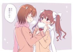 Rule 34 | 2girls, blazer, blush, bow, bowtie, brown eyes, brown hair, brown jacket, coat, commentary request, duffel coat, from side, hair bow, hair ornament, hairpin, jacket, long hair, looking at another, misaka mikoto, multiple girls, nemu mohu, pink scarf, red bow, red bowtie, scarf, scarf tying, shirai kuroko, shirt, short hair, simple background, smile, toaru kagaku no railgun, toaru majutsu no index, toaru majutsu no index: new testament, translated, twintails, white bow, white scarf, white shirt, winter clothes