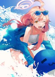 Rule 34 | 1girl, absurdres, ahoge, asuna (i luv), bikini, blue archive, blush, eyewear on head, fang, frilled bikini, frills, hair between eyes, hair ornament, halo, happy, highres, hoshino (blue archive), hoshino (swimsuit) (blue archive), inflatable toy, jacket, jacket over swimsuit, long hair, low twintails, ocean, off shoulder, one eye closed, open mouth, pink hair, riding, smile, solo, swimsuit, twintails, very long hair, water, white bikini, yellow eyes
