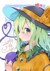 Rule 34 | 1girl, 2019, akagashi hagane, black hat, blue background, blush, border, breasts, commentary request, dated, frilled shirt collar, frills, gradient background, green background, green eyes, green hair, hair between eyes, hat, hat ribbon, heart, heart of string, holding, koishi day, komeiji koishi, long hair, looking at viewer, medium breasts, outline, outside border, ribbon, shirt, sidelocks, smile, solo, third eye, touhou, upper body, white border, white outline, yellow ribbon, yellow shirt