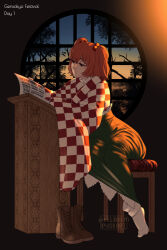 Rule 34 | 1girl, absurdres, boots, checkered clothes, checkered kimono, closed mouth, commentary, english commentary, full body, hair bobbles, hair ornament, highres, japanese clothes, kelbremdusk, kimono, long sleeves, motoori kosuzu, orange eyes, orange hair, reading, sitting, skirt, socks, solo, touhou, twitter username, two side up, unworn boots, white socks, wide sleeves