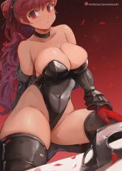 Rule 34 | 1girl, bare shoulders, black leotard, black thighhighs, breasts, choker, cleavage, collarbone, covered navel, gloves, highleg, highleg leotard, highres, large breasts, leotard, long hair, looking at viewer, mirai hikari, persona, persona 5, persona 5 the royal, red background, red eyes, red gloves, red hair, solo, thighhighs, thighs, yoshizawa kasumi
