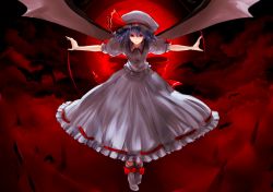 Rule 34 | 1girl, bat wings, bow, chirigami-san, female focus, full moon, hat, moon, outstretched arms, purple hair, red eyes, red moon, remilia scarlet, short hair, skirt, skirt set, solo, spread arms, touhou, wings